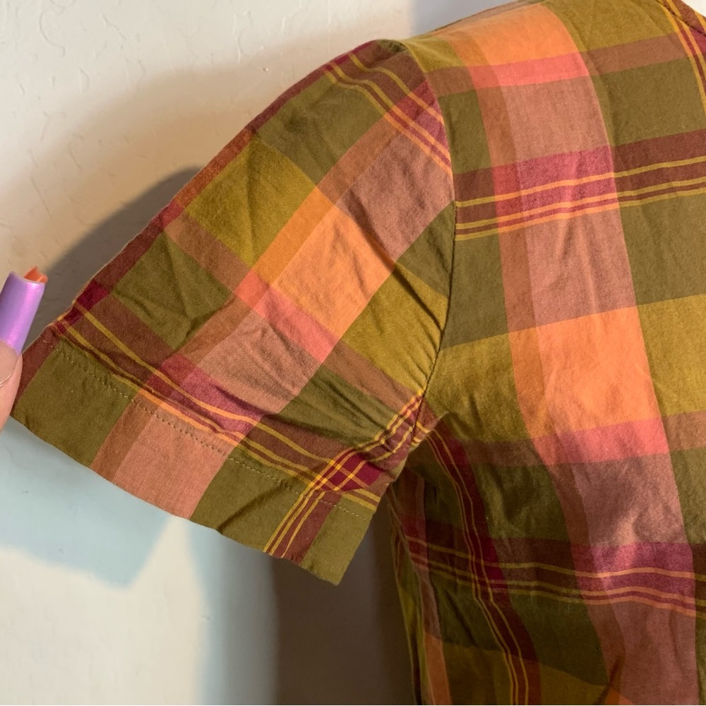 Madewell Size XXS Plaid Blouse Top Button Down Back Orange Red Short Sleeve - Picture 5 of 7